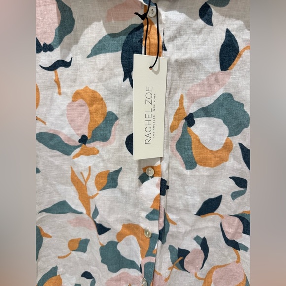 NWT Rachel Zoe 100% Linen Floral Boho Button Up Beach Wear Midi Shirt Dress - Picture 3 of 6